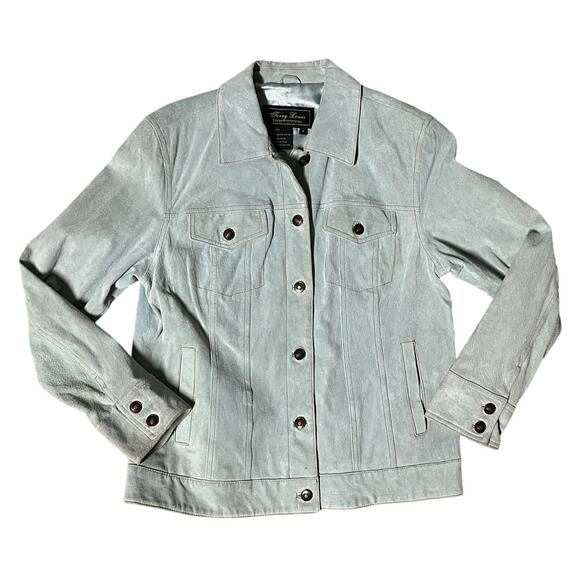 Terry Lewis Women's Suede Jacket Button Pockets Powder Blue Size Medium - Picture 11 of 15
